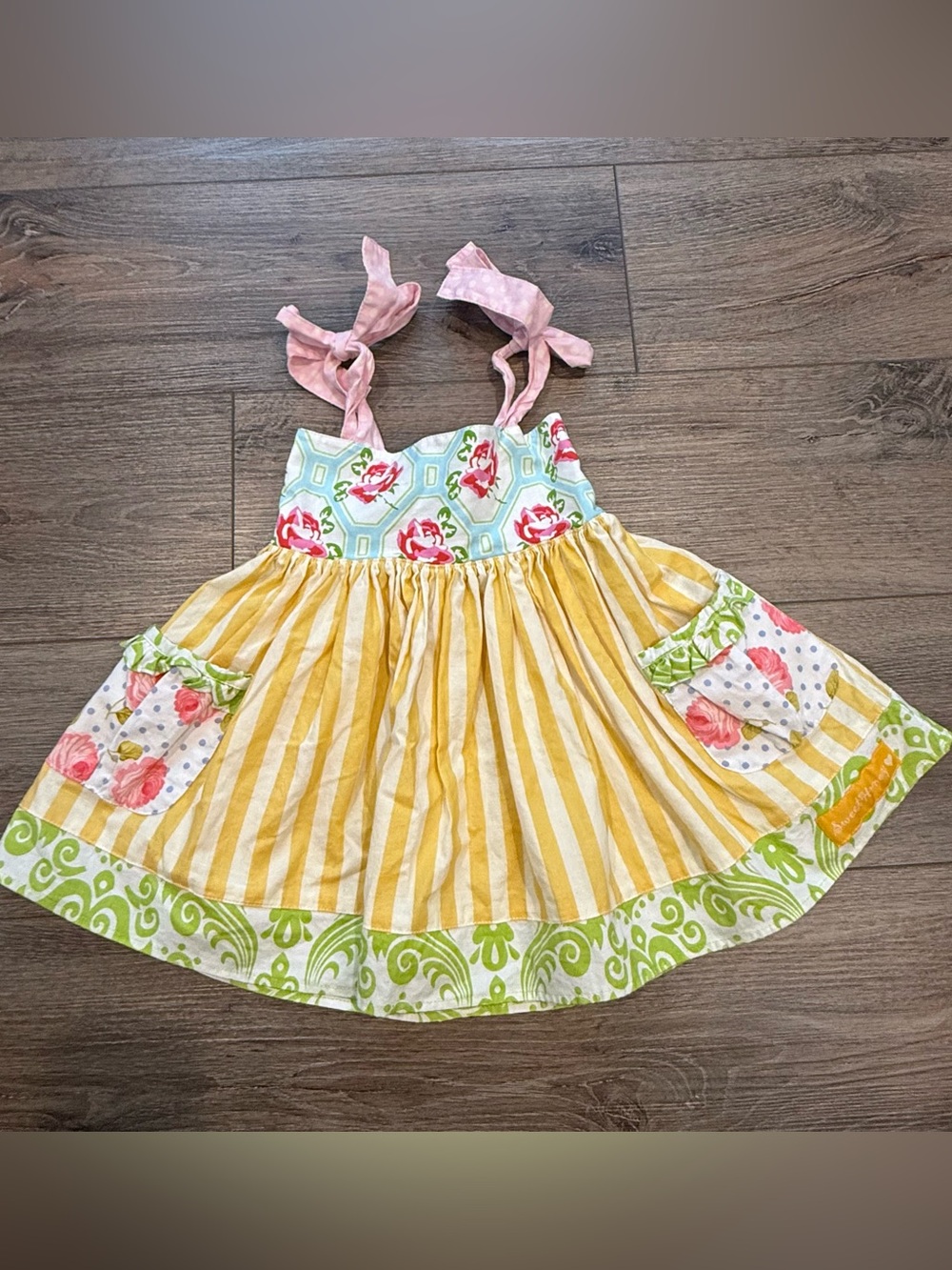 SweetHoney Yellow Striped Sundress with Florals and Pink Tie Straps